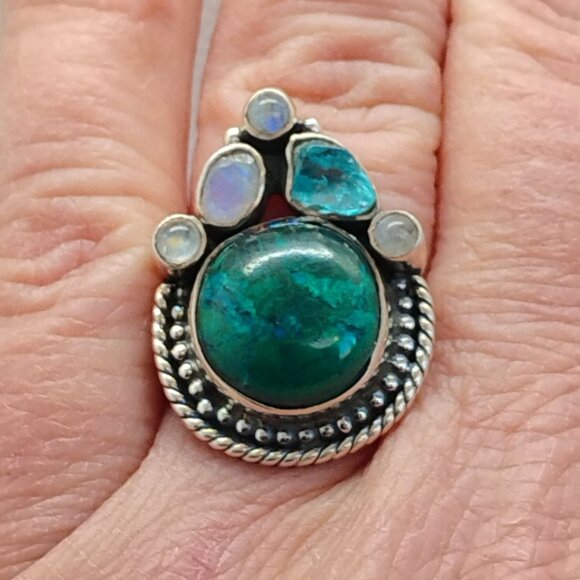 Chrysocolla or Eliat Stone Moonstone Opal Topaz Sterling Silver Ring Size 9 - Picture 1 of 6